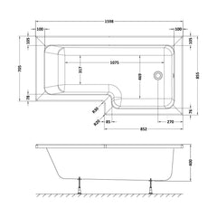 [BBSS1685R] Contemporary Square Shower Bath - Choose Size and Orientation - Technical Drawing