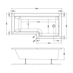 [BBSS1785R] Contemporary Square Shower Bath - Choose Size and Orientation - Technical Drawing