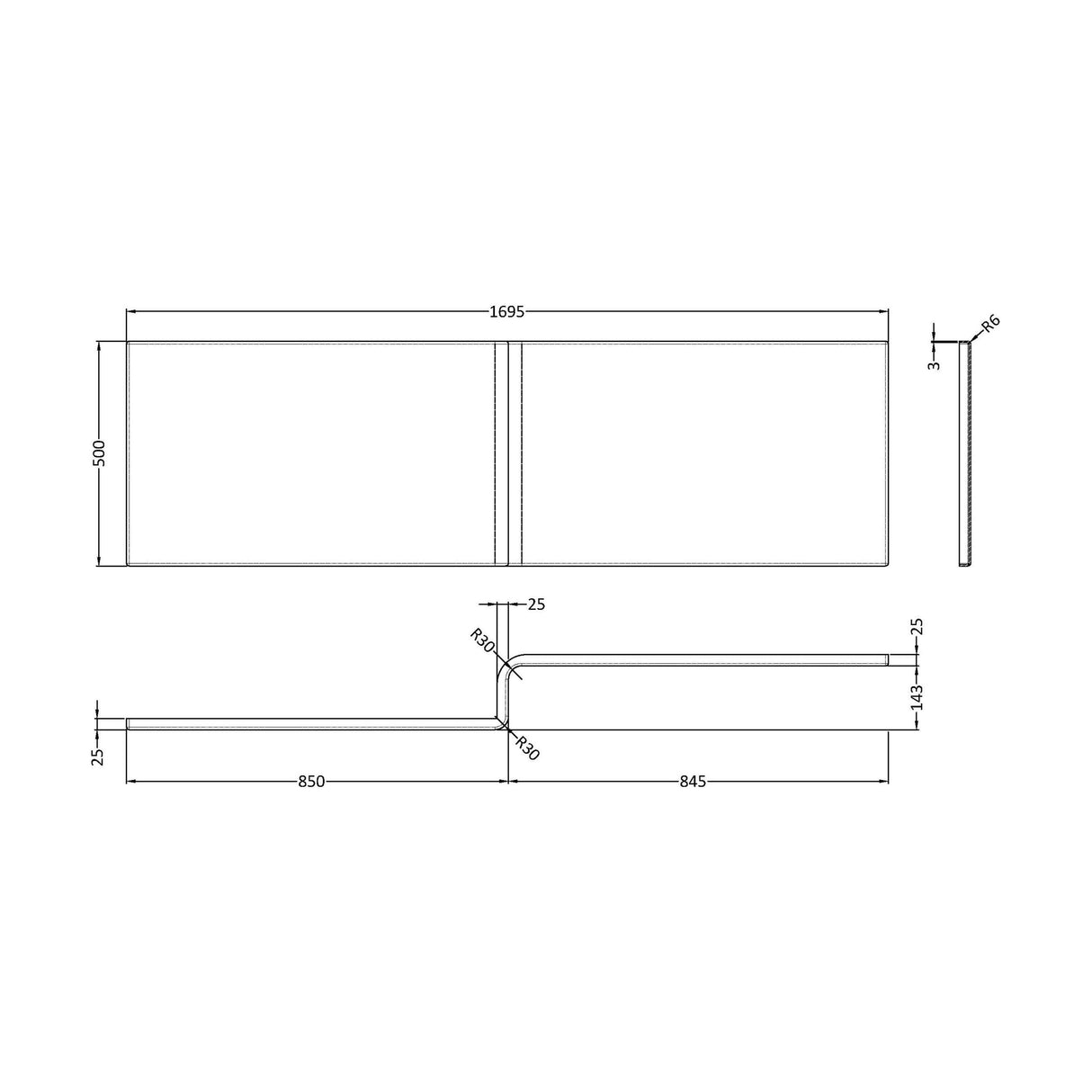 [BBSS300] 1700mm Square L Shape Acrylic Shower Bath Front Panel - Technical Drawing