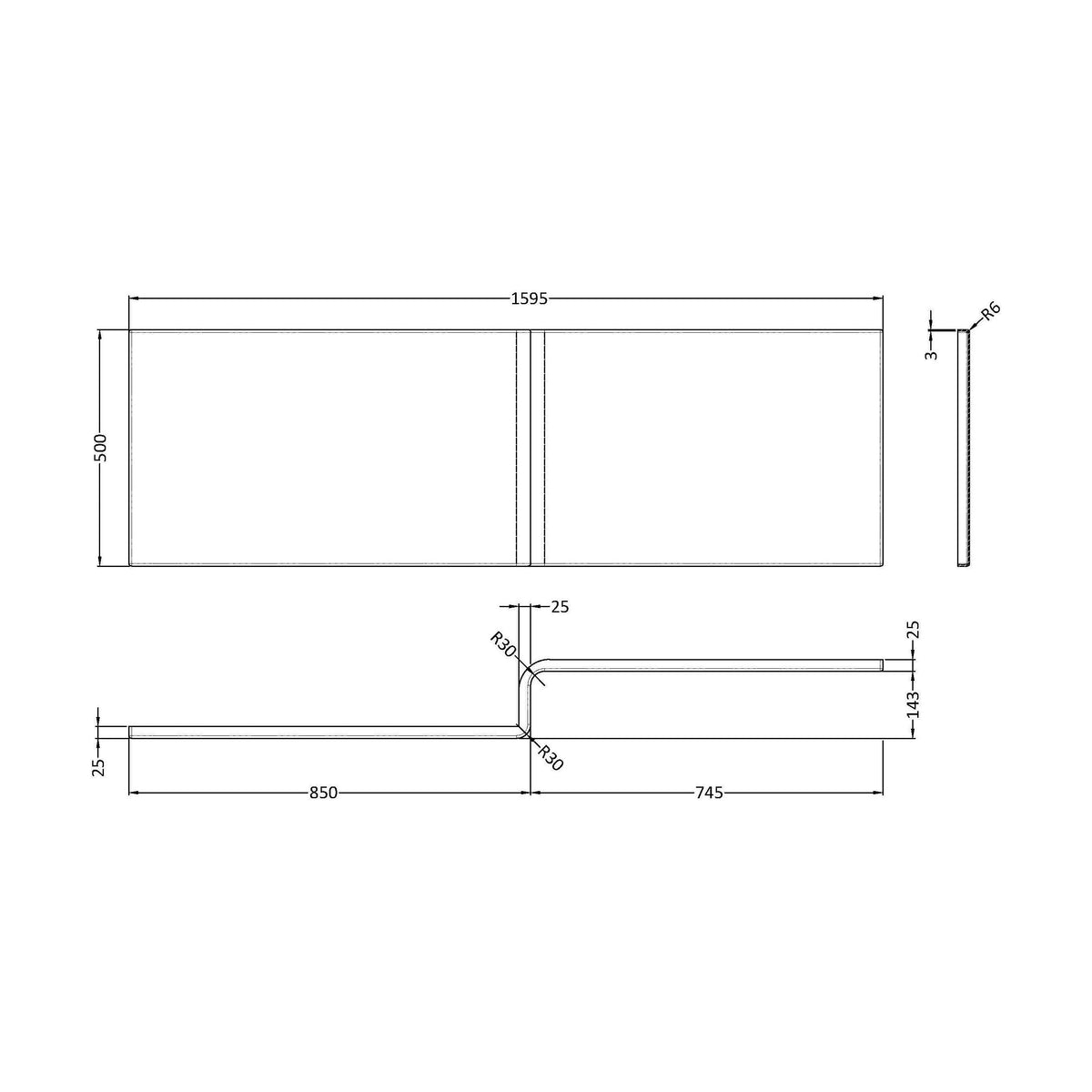 [BBSS303] Square L Shape Acrylic Shower Bath Front Panel, Choice of Size - Technical Drawing