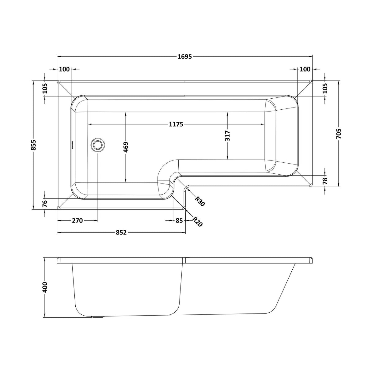 [BBSS701] 1700mm Square shower bath L/H - Technical Drawing