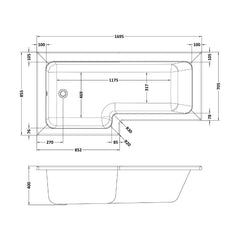 [BBSS701] 1700mm Square shower bath L/H - Technical Drawing