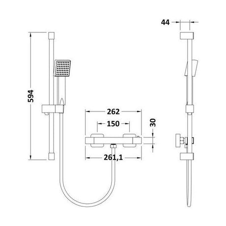 [BBV027K] Square Bar Valve and Slide Rail Shower Kit - Chrome - Balterley - Technical Drawing