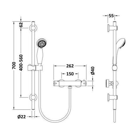 [BBV028K] Round Bar Valve and Slide Rail Shower Kit - Chrome - Balterley - Technical Drawing