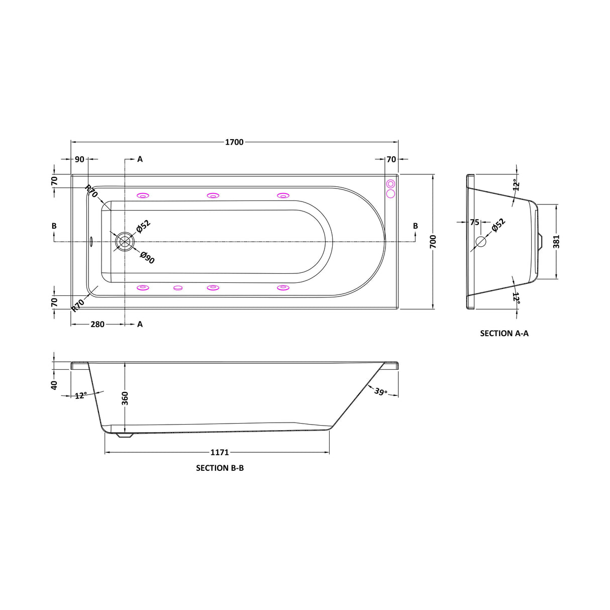 [BBWA609-J6] Round Single Ended Straight Whirlpool Bath with 6 Chrome Jets and Leg Set, 1700 x 700mm - Technical Drawing