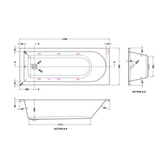 [BBWA609-J6] Round Single Ended Straight Whirlpool Bath with 6 Chrome Jets and Leg Set, 1700 x 700mm - Technical Drawing