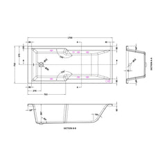 [BBWA710-J6] Square Straight Shower Bath Whirlpool Bath with 6 Chrome Jets and Leg Set, 1700 x 750mm - Technical Drawing