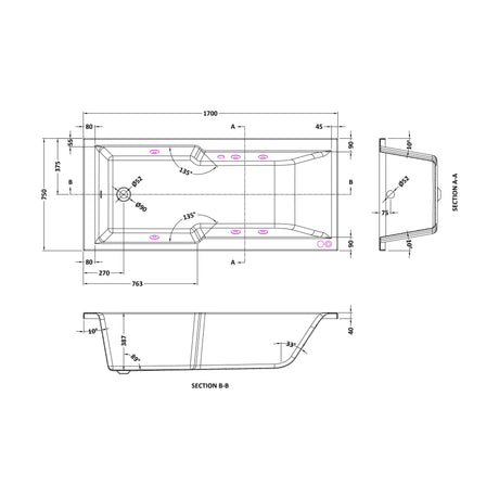 [BBWA710-J6] Square Straight Shower Bath Whirlpool Bath with 6 Chrome Jets and Leg Set, 1700 x 750mm - Technical Drawing