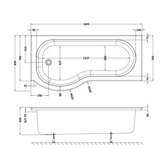 [BBWP101-J8] P Shape Whirlpool Shower Bath with 8 Chrome Jets and Leg Set, Left Hand, 1700mm - Technical Drawing