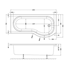 [BBWP102-J8] P Shape Whirlpool Shower Bath with 8 Chrome Jets and Leg Set, Right Hand, 1700mm - Technical Drawing