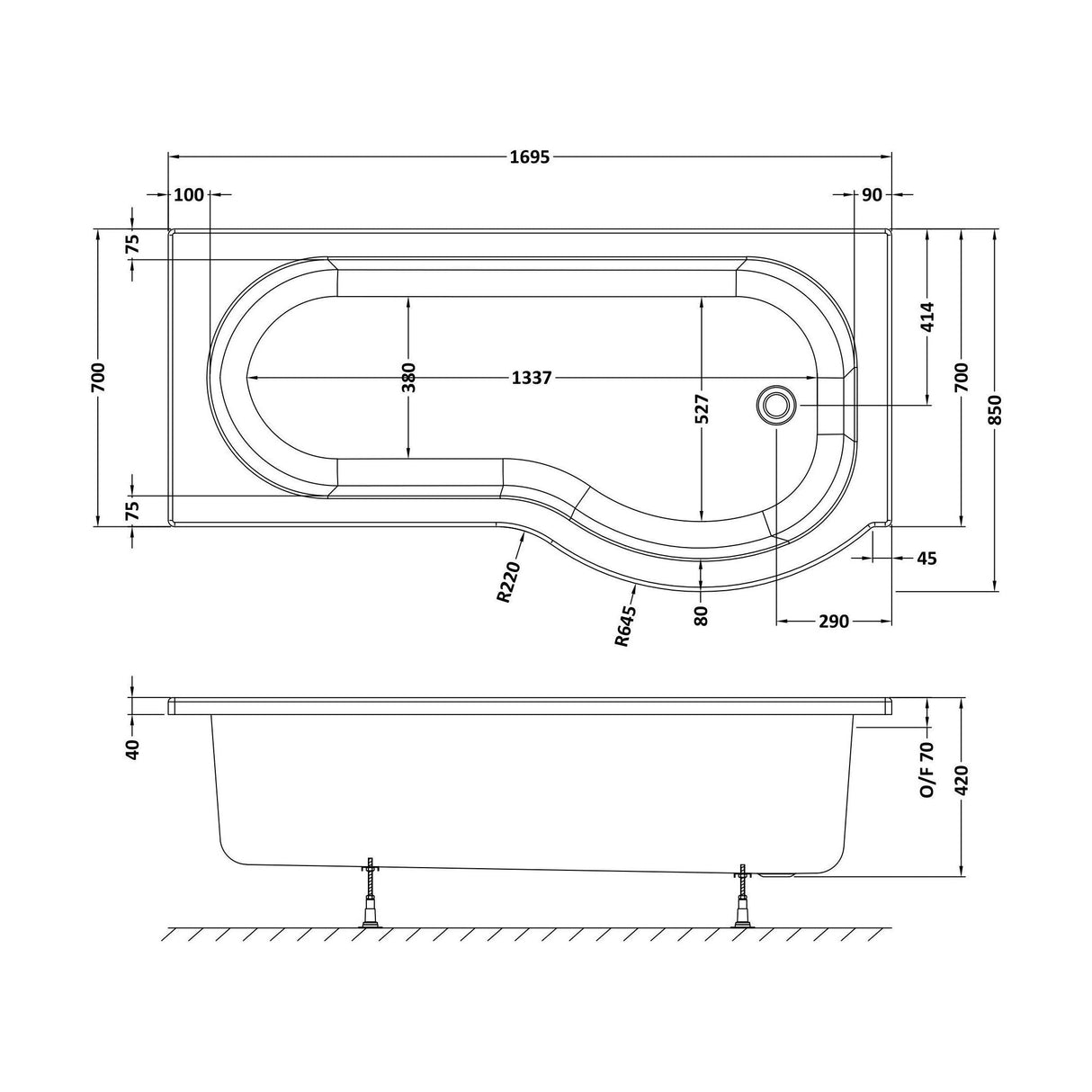 [BBWP102-J8] P Shape Whirlpool Shower Bath with 8 Chrome Jets and Leg Set, 1700mm - Choice of Orientation - Technical Drawing