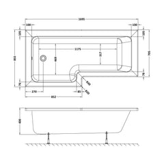 [BBWS101-J8] L-Shape Whirlpool Shower Bath with 8 Chrome Jets and Leg Set, Left Hand, 1700mm - Technical Drawing