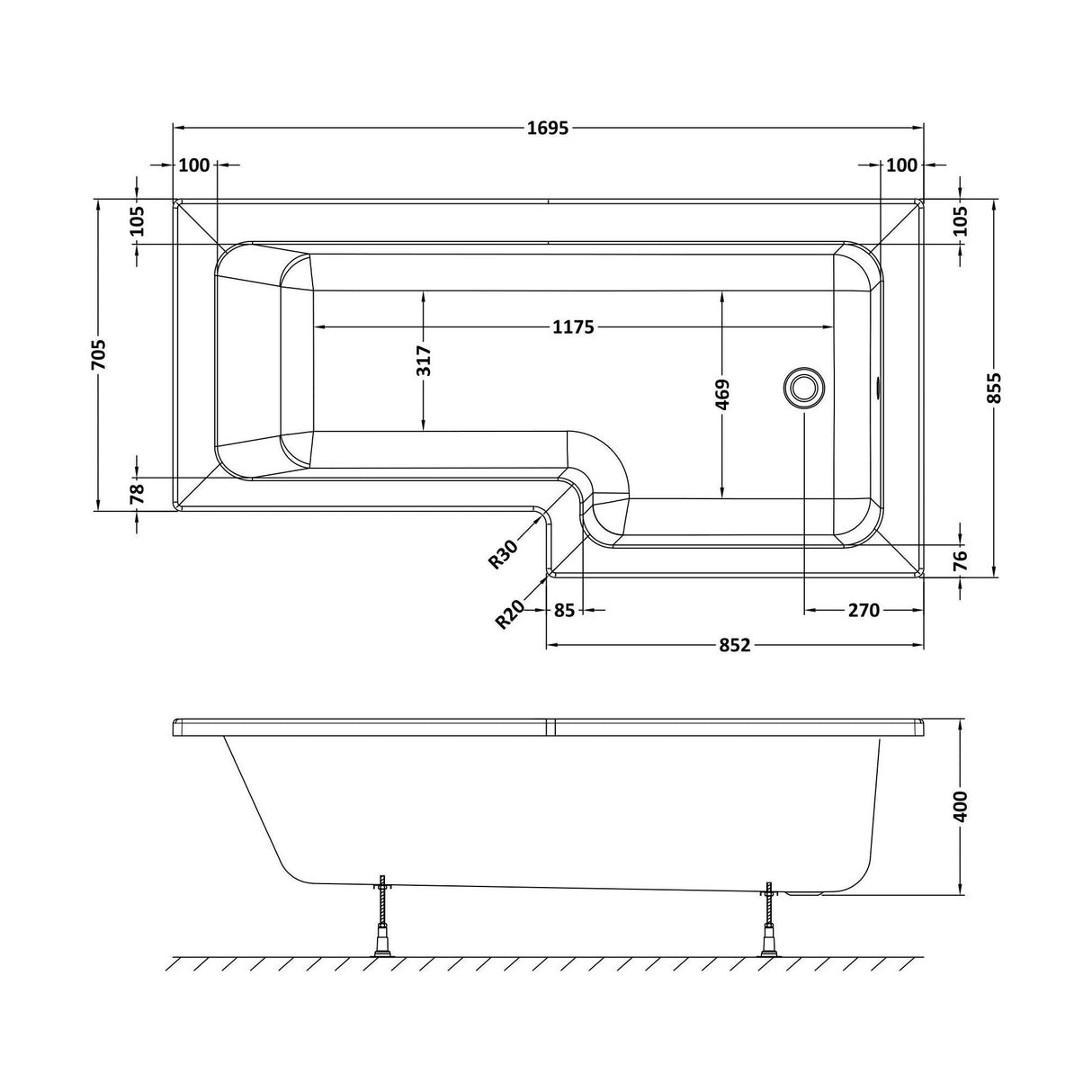 [BBWS102-J8] L-Shape Whirlpool Shower Bath with 8 Chrome Jets and Leg Set, Right Hand, 1700mm - Technical Drawing