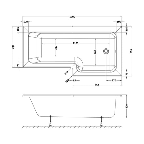 [BBWS102-J8] L-Shape Whirlpool Shower Bath with 8 Chrome Jets and Leg Set, Right Hand, 1700mm - Technical Drawing