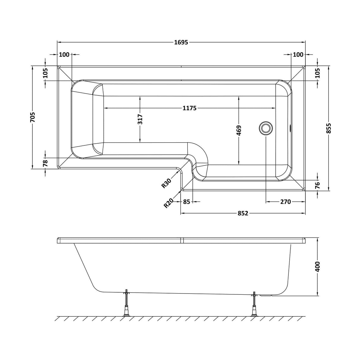[BBWS102-J8] L-Shape Whirlpool Shower Bath with 8 Chrome Jets and Leg Set, 1700mm - Choice of Orientation - Technical Drawing