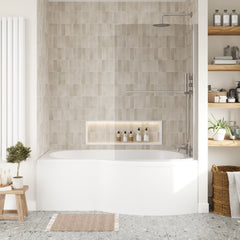 [BBZBB004] B Shape 1700x900 Right Hand Shower Bath Set - B Front Panel, Chrome Screen with Towel Rail & Leg Set - Lifestyle 1