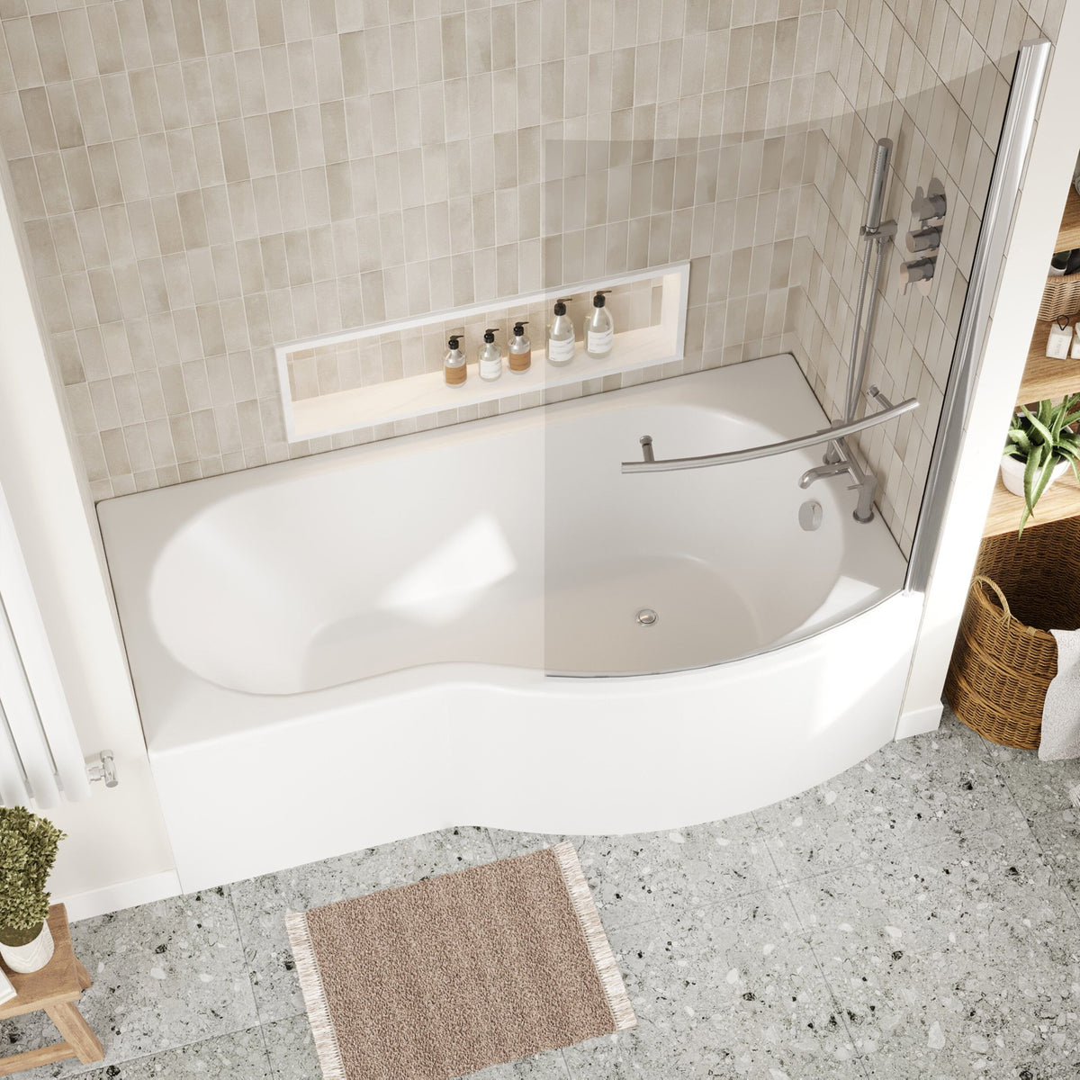 [BBZBB004] B Shape 1700 x 900mm Shower Bath Set with Front Panel, Chrome Screen with Towel Rail & Leg Set, Choice of Orientation - Lifestyle 2