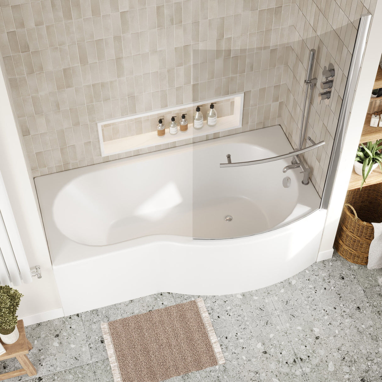 [BBZBB004] B Shape 1700x900 Right Hand Shower Bath Set - B Front Panel, Chrome Screen with Towel Rail & Leg Set - Lifestyle 2