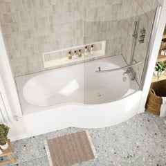 [BBZBB004] B Shape 1700x900 Right Hand Shower Bath Set - B Front Panel, Chrome Screen with Towel Rail & Leg Set - Lifestyle 2