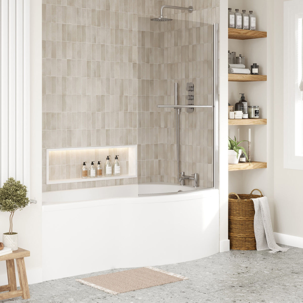 [BBZBB004] B Shape 1700 x 900mm Shower Bath Set with Front Panel, Chrome Screen with Towel Rail & Leg Set, Choice of Orientation - Lifestyle 3