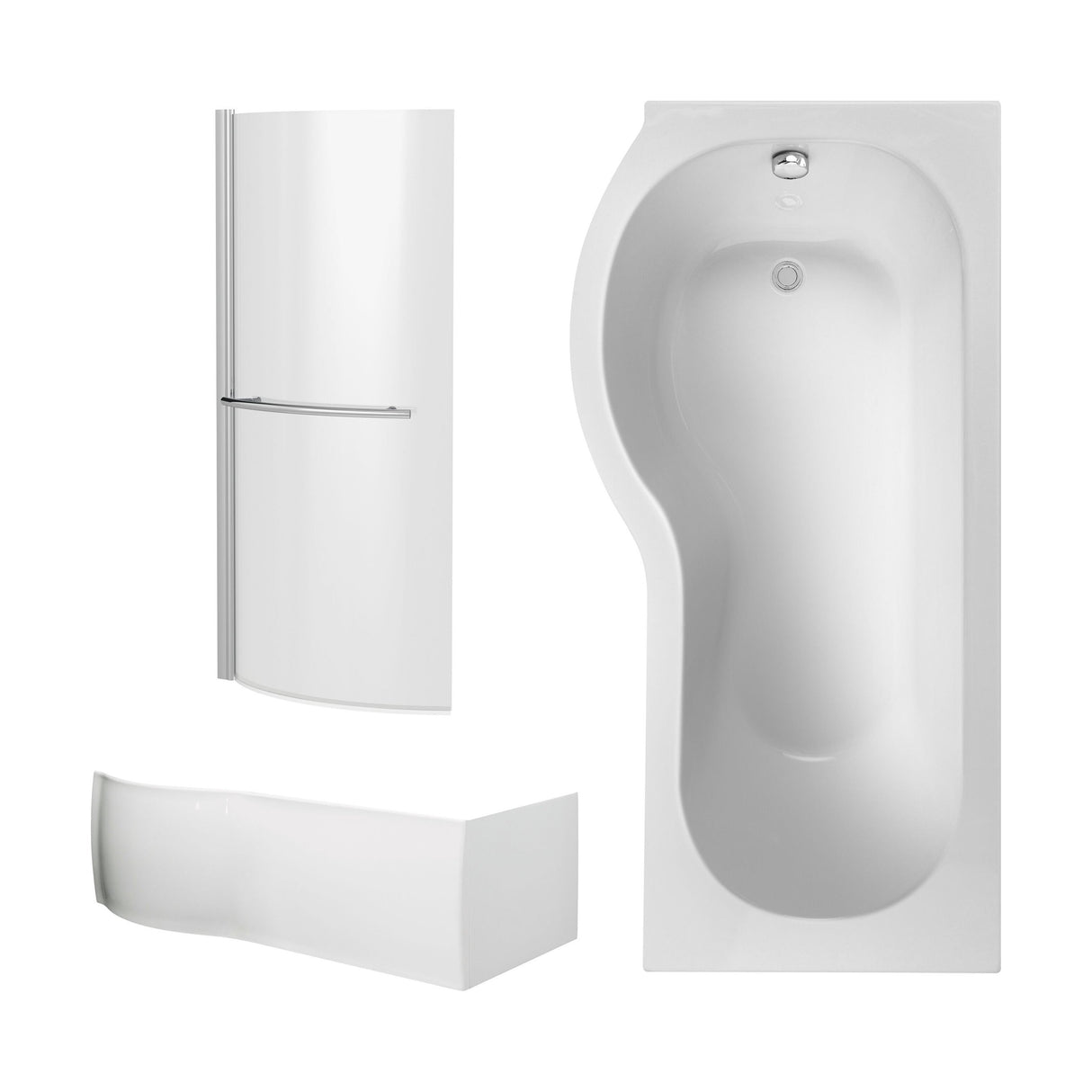 [BBZPB002] P Shape 1700x850 Left Hand Shower Bath Set - Front Panel, Chrome Curved P Bath Screen with Towel Rail & Leg Set - Cutout