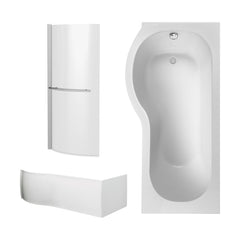 [BBZPB002] P Shape 1700x850 Left Hand Shower Bath Set - Front Panel, Chrome Curved P Bath Screen with Towel Rail & Leg Set - Cutout