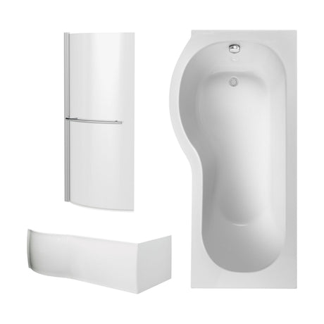 [BBZPB002] P Shape 1700x850 Left Hand Shower Bath Set - Front Panel, Chrome Curved P Bath Screen with Towel Rail & Leg Set - Cutout