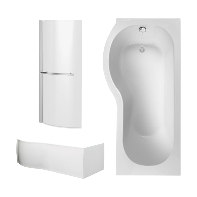 [BBZPB002] P Shape 1700x850 Left Hand Shower Bath Set - Front Panel, Chrome Curved P Bath Screen with Towel Rail & Leg Set - Cutout