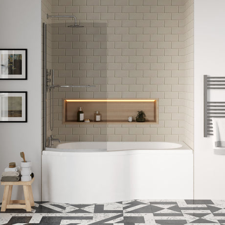 [BBZPB002] P Shape 1700x850 Left Hand Shower Bath Set - Front Panel, Chrome Curved P Bath Screen with Towel Rail & Leg Set - Lifestyle 1