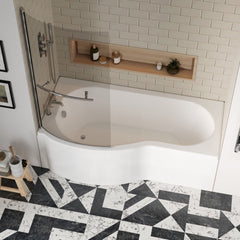 [BBZPB002] P Shape 1700x850 Left Hand Shower Bath Set - Front Panel, Chrome Curved P Bath Screen with Towel Rail & Leg Set - Lifestyle 2
