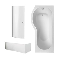 [BBZPB003] P Shape 1700x850 Left Hand Shower Bath Set - Squared Front Panel, Curved P Bath Screen with Knob & Leg Set - Cutout