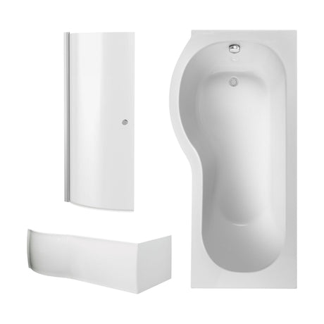 [BBZPB003] P Shape 1700x850 Left Hand Shower Bath Set - Squared Front Panel, Curved P Bath Screen with Knob & Leg Set - Cutout