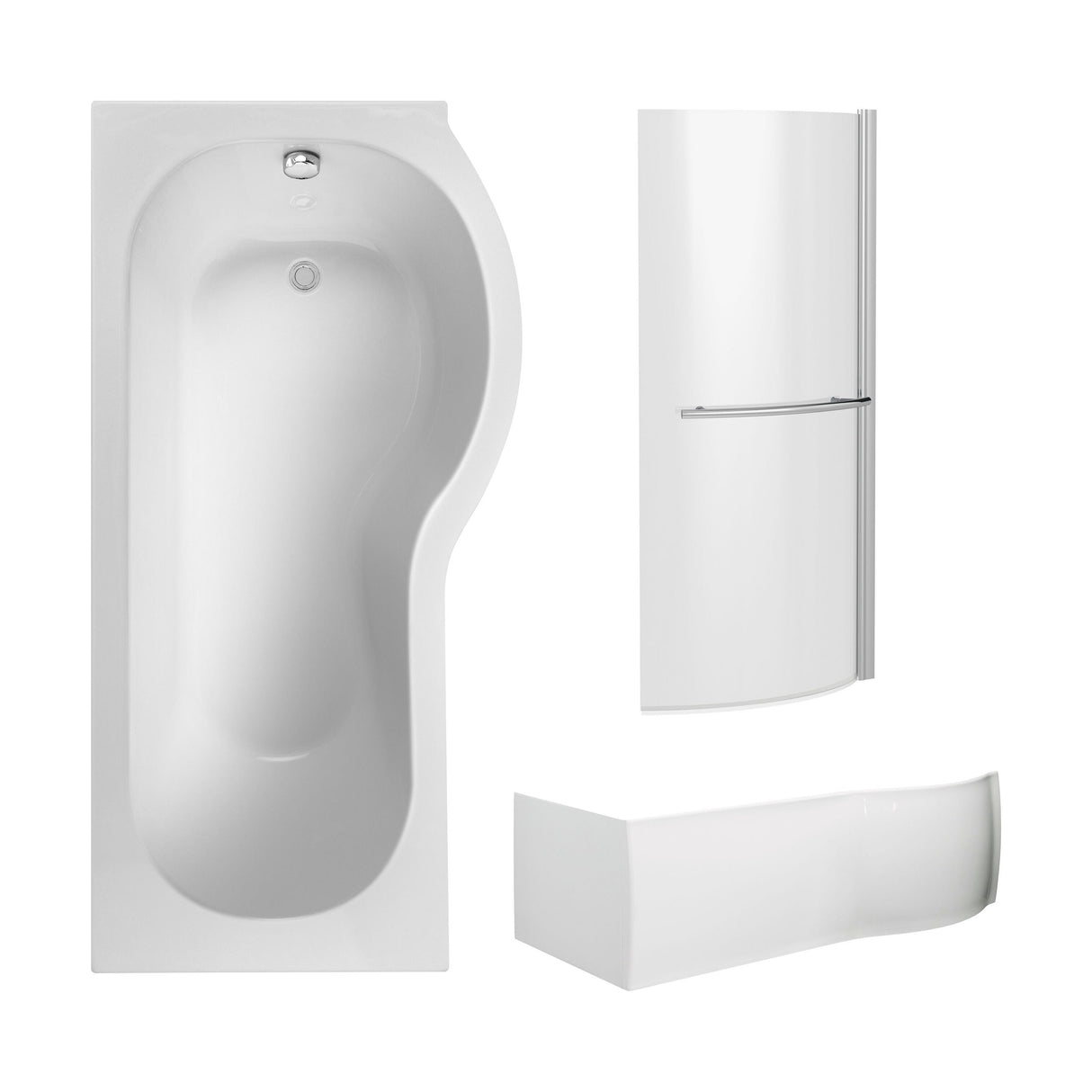 [BBZPB005] P Shape 1700x850 Right Hand Shower Bath Set - Squared Front Panel, Curved P Bath Screen with Towel Rail & Leg Set - Cutout