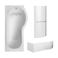 [BBZPB005] P Shape 1700x850 Right Hand Shower Bath Set - Squared Front Panel, Curved P Bath Screen with Towel Rail & Leg Set - Cutout