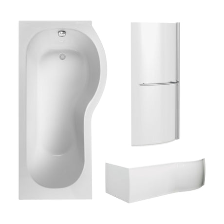 [BBZPB005] P Shape 1700x850 Right Hand Shower Bath Set - Squared Front Panel, Curved P Bath Screen with Towel Rail & Leg Set - Cutout