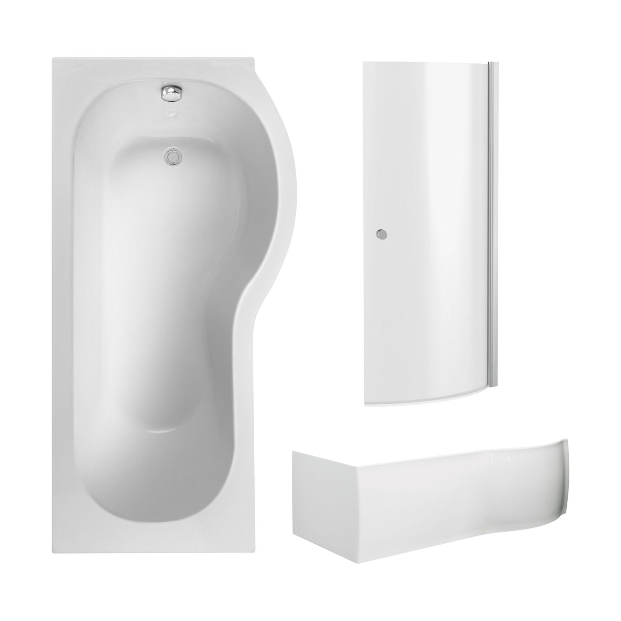 [BBZPB006] P Shape 1700x850 Right Hand Shower Bath Set - Screen with Knob - Chrome, P Bath Front Panel - Cutout