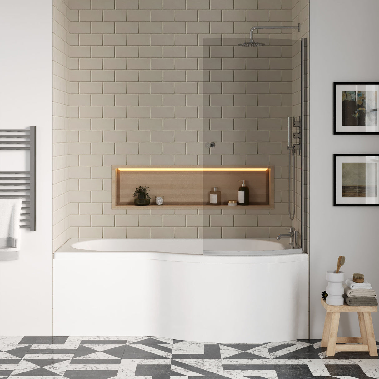 [BBZPB006] P Shape 1700x850 Right Hand Shower Bath Set - Screen with Knob - Chrome, P Bath Front Panel - Lifestyle 1