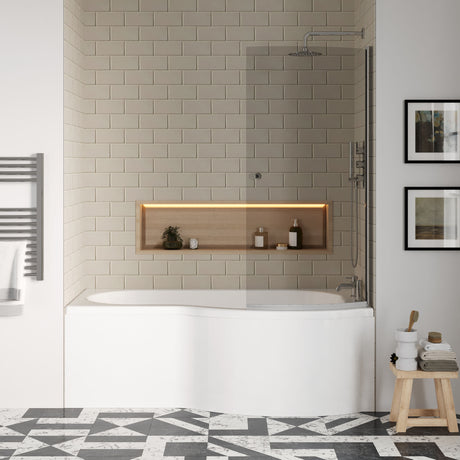 [BBZPB006] P Shape 1700x850 Right Hand Shower Bath Set - Screen with Knob - Chrome, P Bath Front Panel - Lifestyle 1