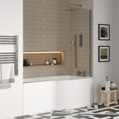 [BBZPB006] P Shape 1700x850 Right Hand Shower Bath Set - Screen with Knob - Chrome, P Bath Front Panel - Lifestyle 3