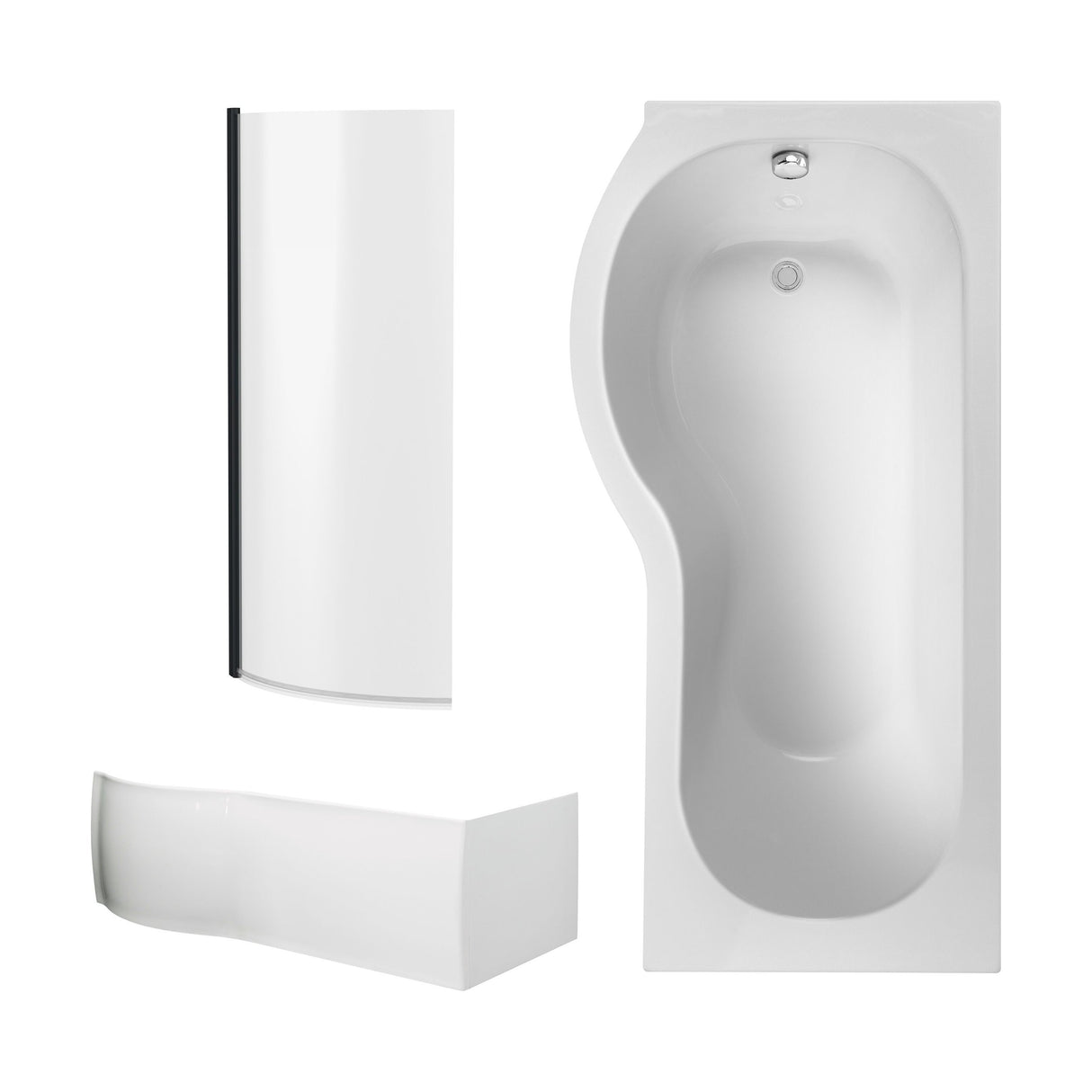 [BBZPB007] P Shape 1700x850 Left Hand Shower Bath Set - Front Panel, Matt Black Curved P Bath Screen & Leg Set - Cutout
