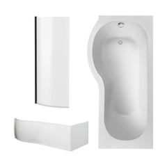 [BBZPB007] P Shape 1700x850 Left Hand Shower Bath Set - Front Panel, Matt Black Curved P Bath Screen & Leg Set - Cutout