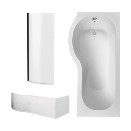 [BBZPB007] P Shape 1700x850 Left Hand Shower Bath Set - Front Panel, Matt Black Curved P Bath Screen & Leg Set - Cutout