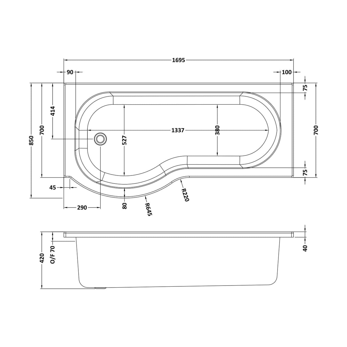 [BBZPB007] P Shape 1700x850 Left Hand Shower Bath Set - Front Panel, Matt Black Curved P Bath Screen & Leg Set - Technical Drawing