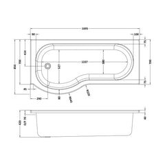 [BBZPB007] P Shape 1700x850 Left Hand Shower Bath Set - Front Panel, Matt Black Curved P Bath Screen & Leg Set - Technical Drawing