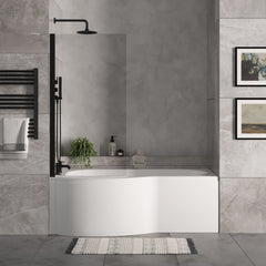 [BBZPB007] P Shape 1700x850 Left Hand Shower Bath Set - Front Panel, Matt Black Curved P Bath Screen & Leg Set - Lifestyle 1