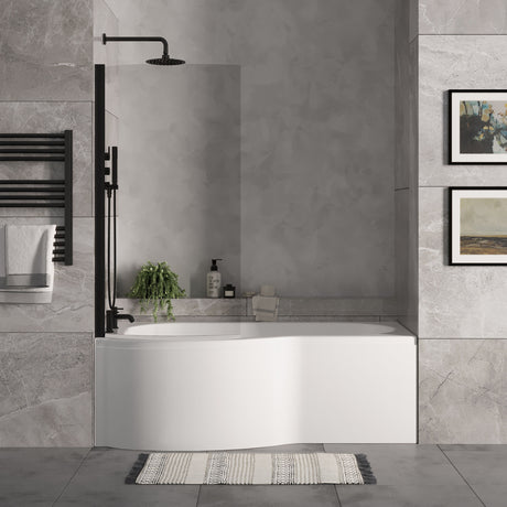 [BBZPB007] P Shape 1700x850 Left Hand Shower Bath Set - Front Panel, Matt Black Curved P Bath Screen & Leg Set - Lifestyle 1