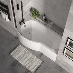 [BBZPB007] P Shape 1700x850 Left Hand Shower Bath Set - Front Panel, Matt Black Curved P Bath Screen & Leg Set - Lifestyle 2