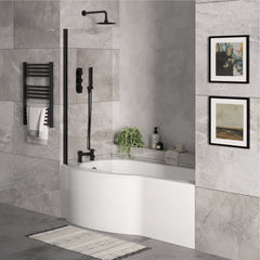 [BBZPB007] P Shape 1700x850 Left Hand Shower Bath Set - Front Panel, Matt Black Curved P Bath Screen & Leg Set - Lifestyle 3