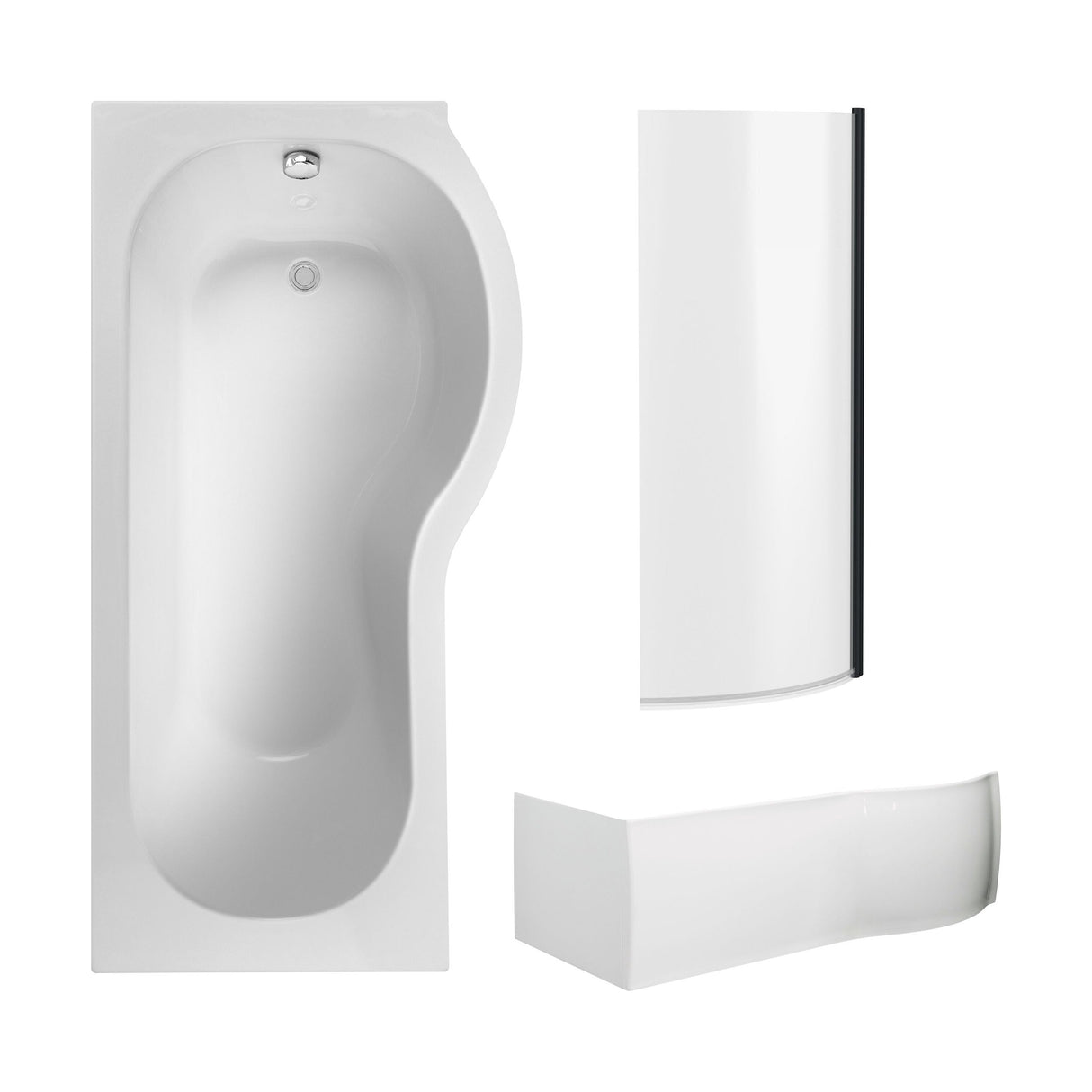 [BBZPB008] P Shape 1700x850 Right Hand Shower Bath Set - P Shape Front Panel, Black Bath Screen & Leg Set - Cutout