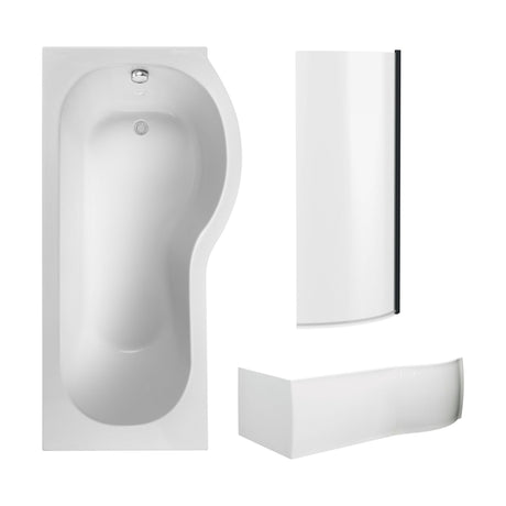 [BBZPB008] P Shape 1700x850 Right Hand Shower Bath Set - P Shape Front Panel, Black Bath Screen & Leg Set - Cutout